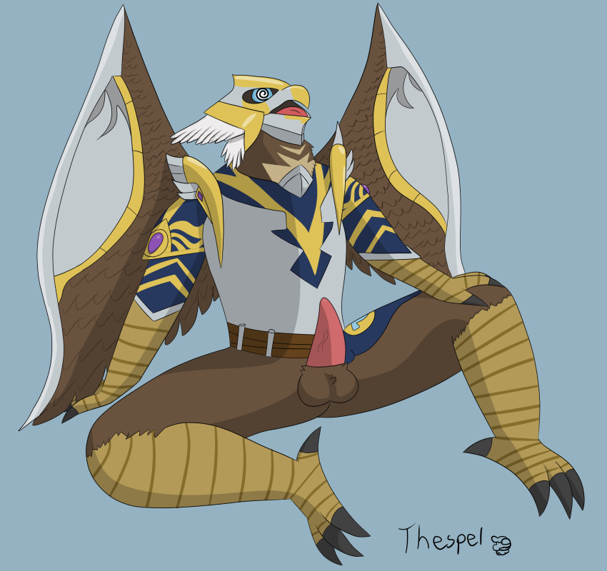 absurd_res anthro armor avian aviansie balls bottomless bottomless_male clothed clothing dizzy_eyes genitals hi_res kree'arra male open_mouth penis runescape sitting solo thespel_(artist) vein veiny_penis wings