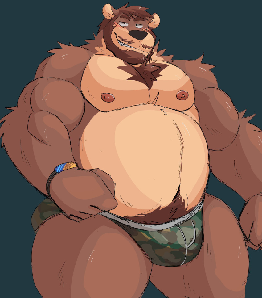 2020 anthro belly black_nose blush brown_body brown_fur bulge clothing fur hi_res male mammal moobs musclegut nipples overweight overweight_anthro overweight_male solo underwear ursid vitashi