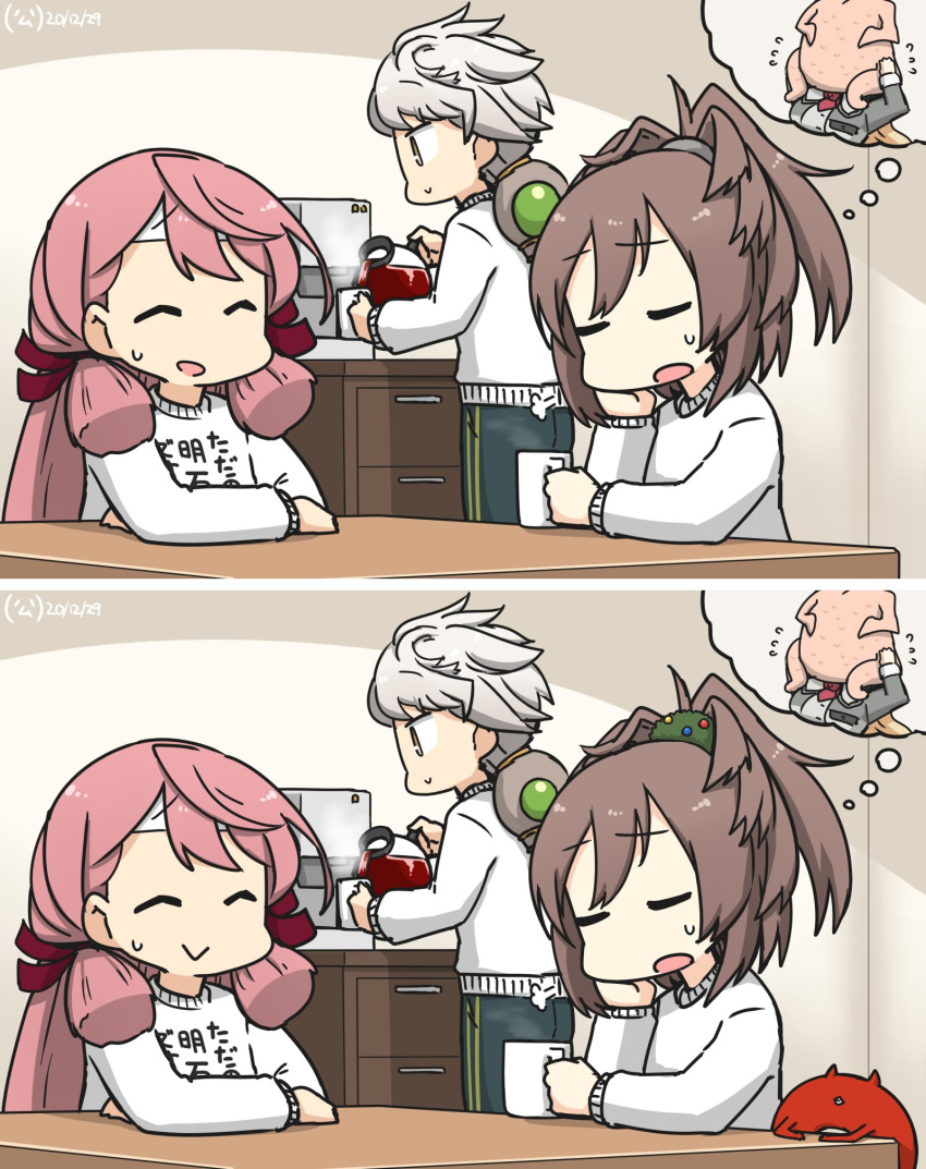 abyssal_ship akashi_(kantai_collection) alternate_costume blue_pants blunt_tresses braid brown_eyes brown_hair closed_eyes clothes_writing commentary_request dated enemy_lifebuoy_(kantai_collection) hair_ribbon hamu_koutarou highres kantai_collection long_hair open_mouth pants pink_hair ponytail ribbon sheffield_(kantai_collection) silver_hair single_braid spot_the_differences sweater table track_pants tress_ribbon unryuu_(kantai_collection) very_long_hair white_sweater