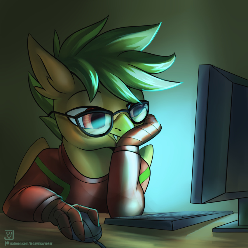 1:1 anthro avian beak clothed clothing computer computer_mouse english_text eyewear fan_character fangs fur glasses green_background green_body green_fur green_hair green_wings gryphon hair hasbro hi_res jedayskayvoker keyboard male monitor my_little_pony mythological_avian mythology orange_eyes signature simple_background solo sweater text topwear url wings