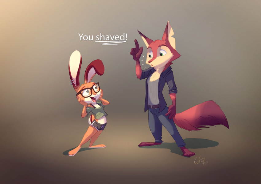 2020 acornart anthro barefoot belt bottomwear brown_body brown_fur canid canine cider_(ciderbunart) clothed clothing duo english_text eyewear fox fully_clothed fur glasses hi_res lagomorph leporid light lighting mammal midriff notched_ear open_mouth open_smile pants pointedfox_(character) rabbit shirt signature smile standing text topwear