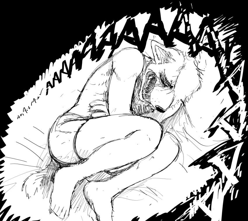 2020 anthro bed black_and_white bodily_fluids boxers_(clothing) canid canine canis clothing comic crying dream english_text eyes_closed furniture ghost_pupper's_boyfriend hi_res hladilnik male mammal monochrome nightmare on_bed screaming sketch solo tears text underwear wolf