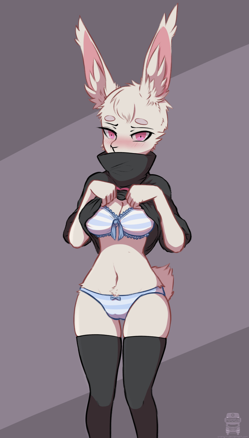 absurd_res anthro blush bra clothed clothing clothing_lift female frilly frilly_clothing frilly_underwear hi_res lagomorph legwear leporid mammal orang111 panties rabbit shirt shirt_lift solo thigh_highs topwear underwear