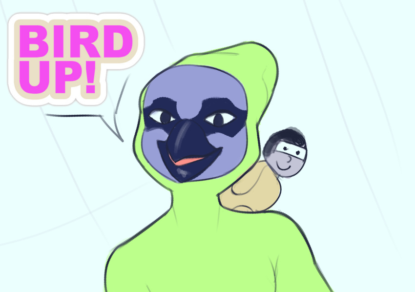 2020 amaster anthro avian beak bird black_hair blue_body blue_feathers clothing conditional_dnp dialogue duo english_text feathers feral grey_body hair hi_res looking_at_viewer male meme purple_body purple_feathers simple_background smile speech_bubble text the_eric_andre_show vaktus white_background