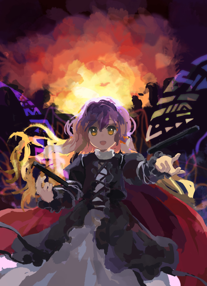 1girl abstract_background backlighting black_dress blonde_hair cape cross-laced_clothes dress eyebrows_visible_through_hair floating floating_hair floating_object frilled_sleeves frills gradient_hair hands_up highres hijiri_byakuren juliet_sleeves kaigen_1025 layered_dress long_hair long_sleeves looking_at_viewer makai_(touhou) multicolored multicolored_clothes multicolored_dress multicolored_hair no_pupils open_mouth outstretched_arm outstretched_hand puffy_sleeves purple_hair reaching_out red_cape ribbon scroll smile solo sorcerer's_sutra_scroll touhou turtleneck_dress two-tone_hair white_dress white_ribbon yellow_eyes