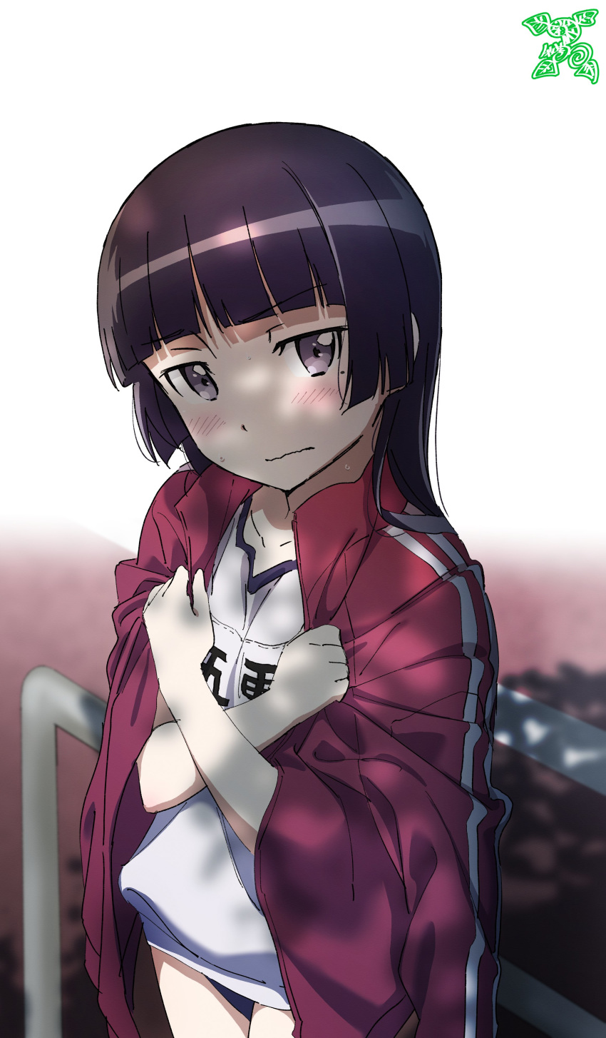 absurdres black_hair bloomers blue_eyes blush gokou_ruri highres hime_cut holding holding_clothes holding_jacket hurdle jacket jacket_on_shoulders looking_at_viewer mole mole_under_eye name_tag ore_no_imouto_ga_konna_ni_kawaii_wake_ga_nai pink_x red_jacket school solo standing sweat track_and_field track_jacket track_uniform underwear