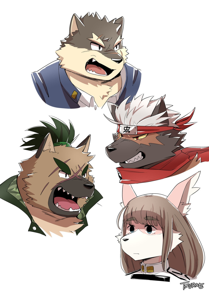 ambiguous_gender angry anthro black_body black_fur blank_stare blue_clothing blue_eyes brown_body brown_fur brown_hair canid canine canis chuurow clenched_teeth clothed clothing domestic_dog facial_scar forehead_protector fur green_clothing grey_body grey_fur hair hi_res male_(lore) mammal moritaka multiple_images open_mouth pink_body pink_fur red_eyes scar scarf shirt simple_background solo tadatomo tanetomo teeth tokyo_afterschool_summoners tongue topwear video_games white_background white_clothing white_hair white_shirt white_topwear yasuyori