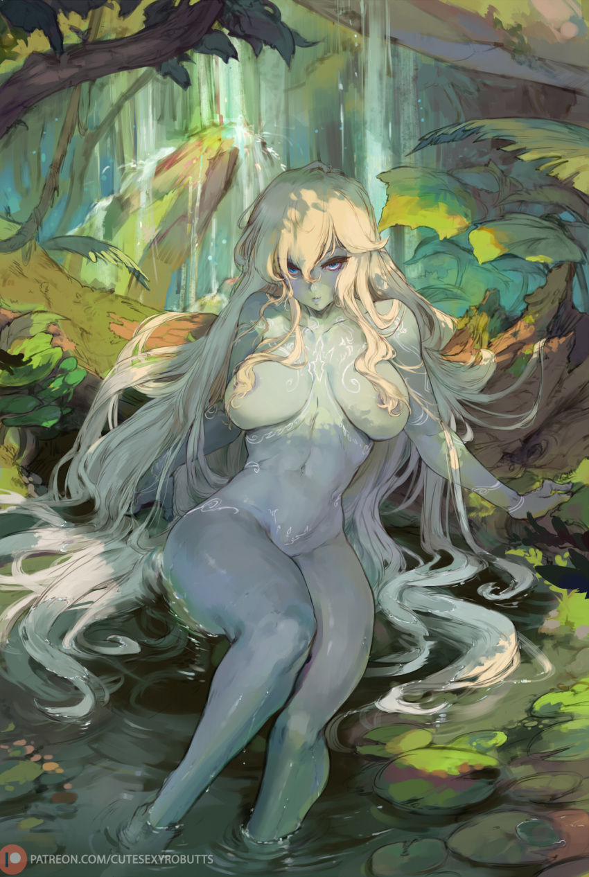 1girl ary'eth blue_eyes blue_skin body_markings colored_skin commentary cutesexyrobutts dungeons_and_dragons fantasy forest hair_over_one_eye highres long_hair looking_at_viewer nature navel nude original parted_lips smile solo very_long_hair water white_hair