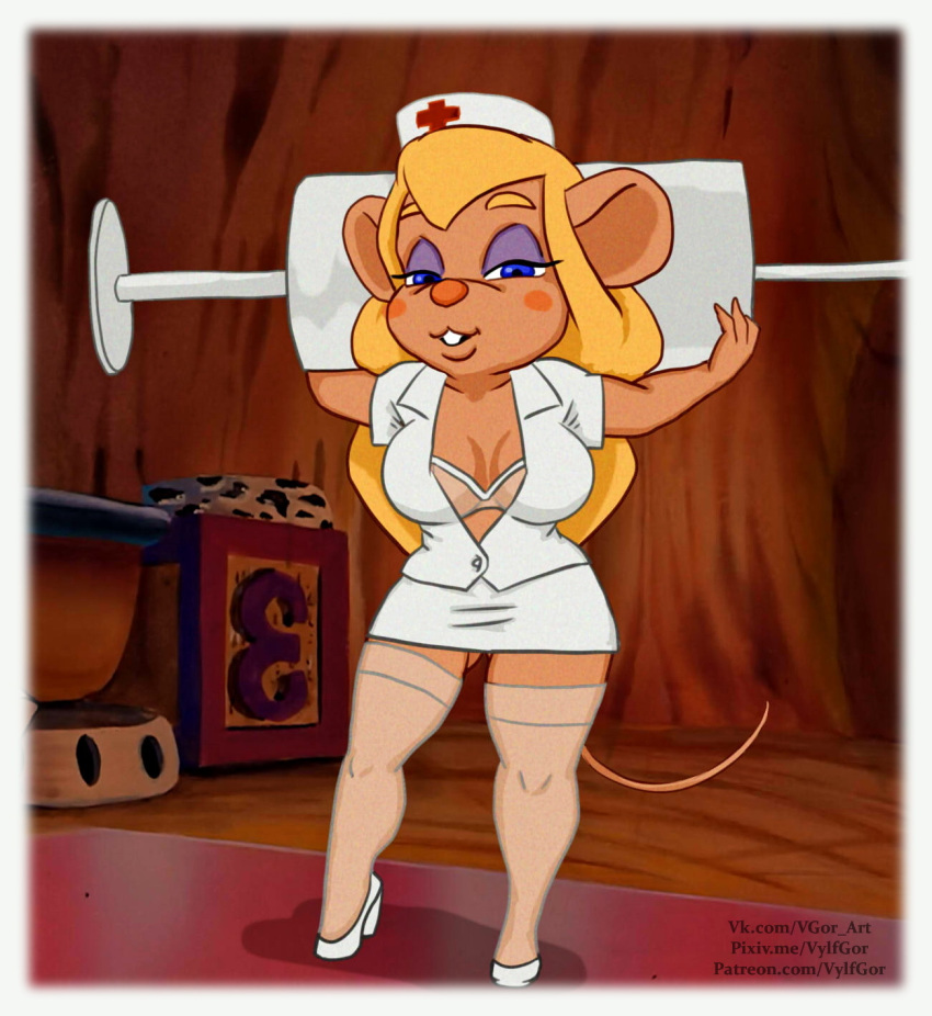 anthro breasts chip_'n_dale_rescue_rangers clothing disney female gadget_hackwrench hi_res mammal mouse murid murine nurse_clothing nurse_uniform rodent solo syringe uniform vylfgor