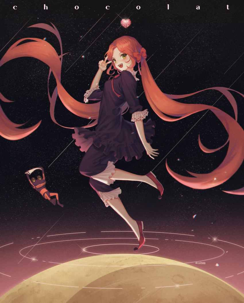1girl black_dress bow breasts character_name dress duke_(sugar_sugar_rune) floating frog gem hair_bow heart highres korean_commentary long_hair looking_at_viewer medium_breasts meilleure_chocolat older open_mouth planet red_bow red_hair solo_focus sugar_sugar_rune susu_(co0580) twintails v yellow_eyes