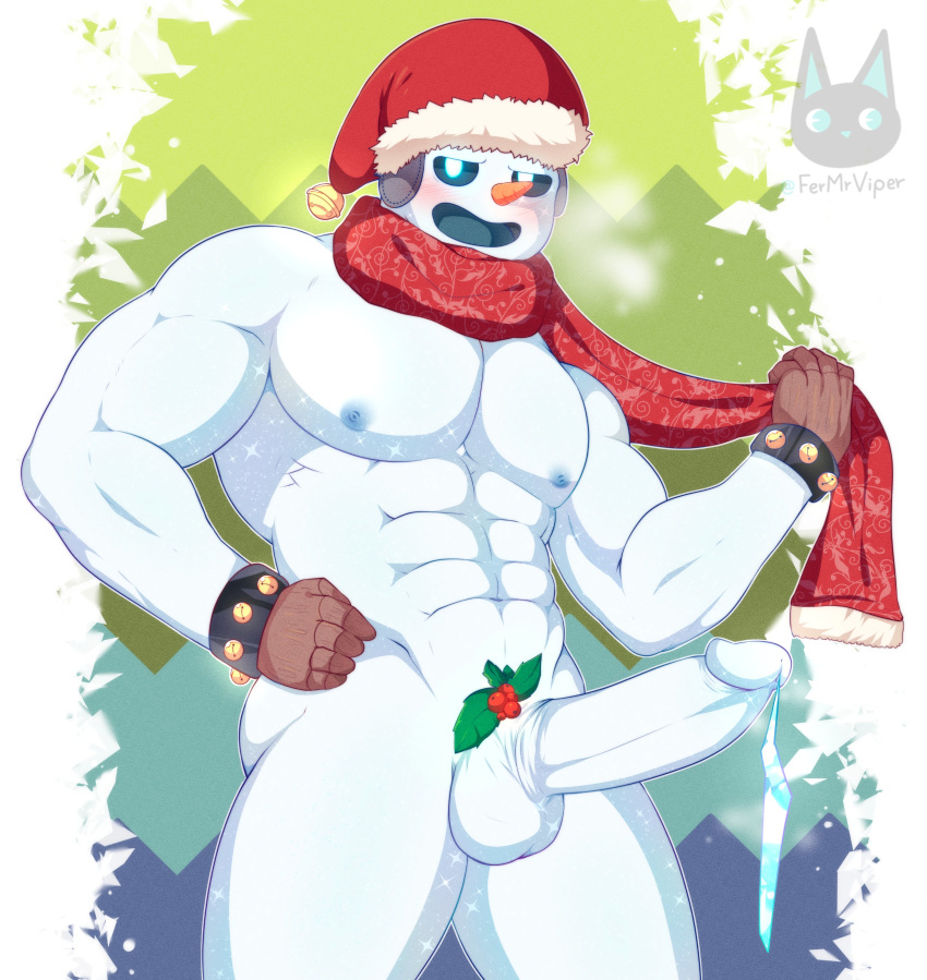 abs absurd_res balls bell big_muscles blue_nipples blush carrot christmas clothing elemental_creature elemental_humanoid erection fermrviper food genitals glans hat headgear headwear hi_res holding_object holidays humanoid humanoid_genitalia humanoid_penis icicle jingle_bell looking_at_viewer male mineral_fauna mineral_humanoid mistletoe mostly_nude muscular muscular_humanoid muscular_male navel nipples not_furry open_mouth pecs penis plant scarf signature smile snow snow_creature snow_humanoid snowman solo standing vegetable white_balls white_body white_penis