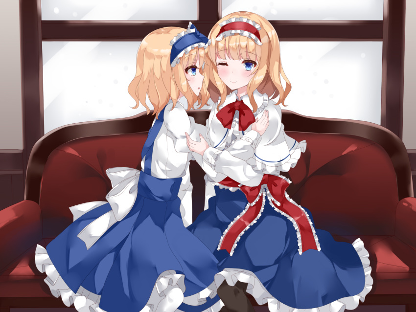 2girls alice_margatroid alice_margatroid_(pc-98) bangs black_legwear blonde_hair blue_dress blue_eyes blue_skirt capelet couch day dress eyebrows_visible_through_hair from_side hairband hands_on_another's_shoulders highres indoors light_blush lolita_hairband long_sleeves looking_at_another looking_at_viewer multiple_girls nanatuki13 on_couch one_eye_closed pantyhose petticoat profile red_neckwear red_ribbon ribbon sash shirt short_hair sitting skirt smile time_paradox touhou touhou_(pc-98) white_capelet white_legwear white_shirt window yuri