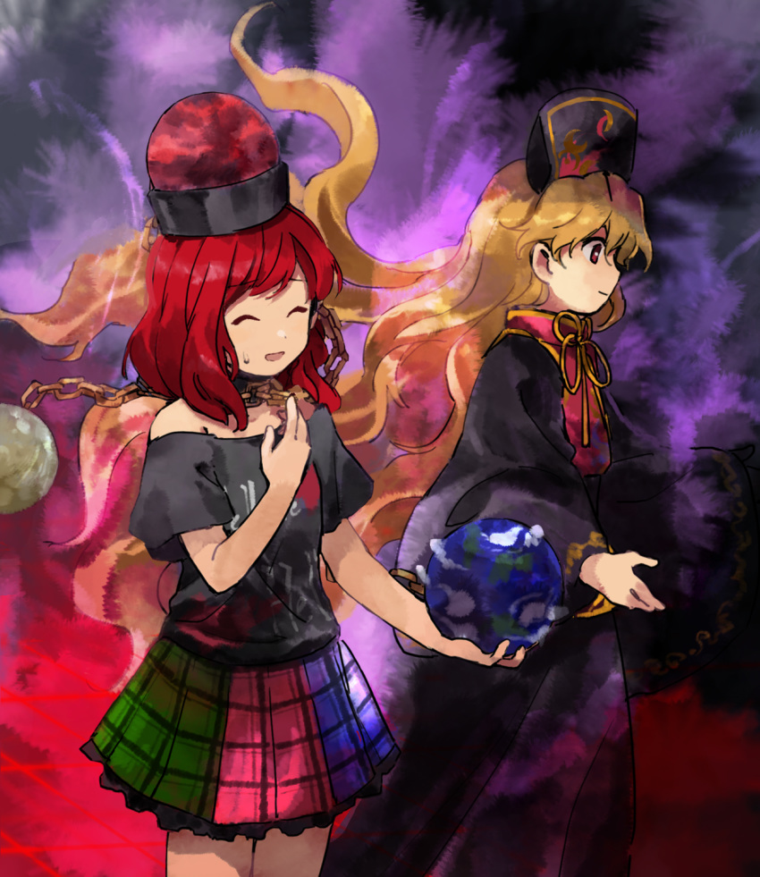 2girls aura ball bangs black_dress black_headwear black_shirt blue_skirt chain chinese_clothes closed_eyes clothes_writing commentary_request cowboy_shot dress earth_(ornament) energy eyebrows_visible_through_hair floating_hair frilled_skirt frills gold_chain green_skirt hand_up hecatia_lapislazuli highres holding holding_ball junko_(touhou) kaigen_1025 long_hair long_sleeves mandarin_collar medium_hair moon_(ornament) multicolored multicolored_clothes multicolored_skirt multiple_girls neck_ribbon off-shoulder_shirt off_shoulder open_mouth orange_hair pink_skirt plaid plaid_skirt polos_crown profile red_eyes red_hair ribbon shirt short_sleeves sidelocks skirt sweatdrop swept_bangs t-shirt tabard tassel touhou very_long_hair wide_sleeves yellow_neckwear yellow_ribbon