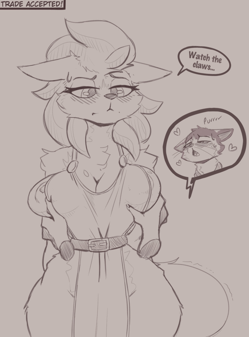 &lt;3 anthro blush bodily_fluids canid canine canis clothing cooliehigh domestic_cat duo felid feline felis female hi_res lucy_(cooliehigh) male mammal nipples speech_bubble sweat text wolf