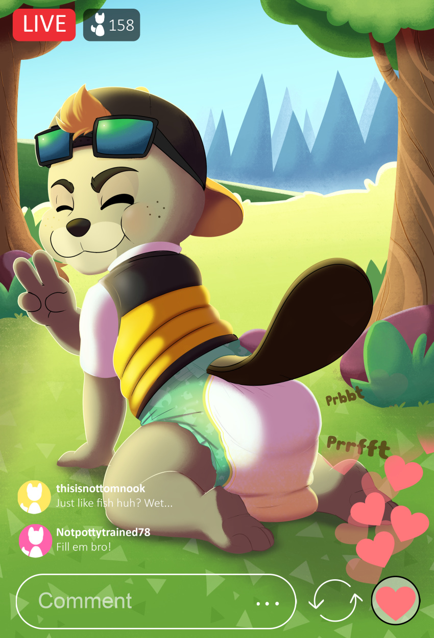 absurd_res animal_crossing anthro baltnwolf_(artist) beaver bodily_fluids c.j._(animal_crossing) chat clothed clothing diaper english_text eyes_closed feces fur genital_fluids gesture hair hi_res kneeling male mammal messing messing_diaper messy_diaper nintendo pooping rodent scat soiled_diaper soiling soiling_diaper solo text urine v_sign video_games wet_diaper wetting