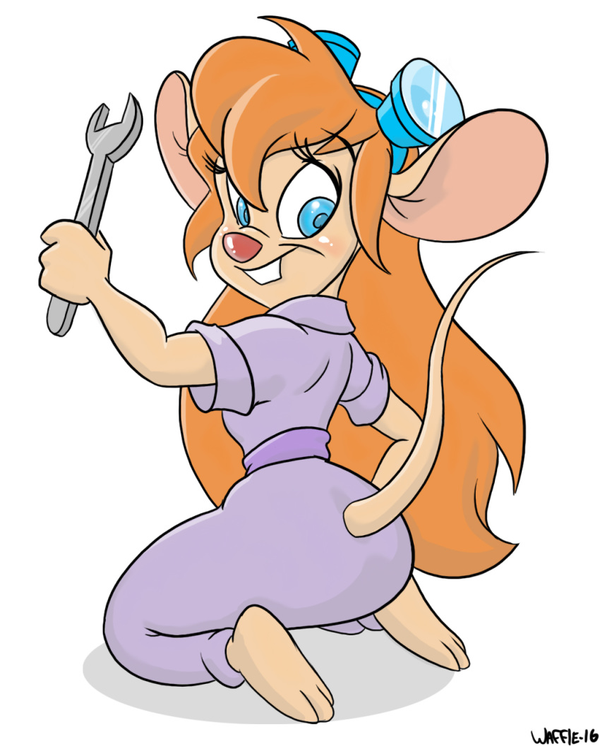 anthro barefoot buckteeth chip_'n_dale_rescue_rangers disney eyewear female gadget_hackwrench goggles goggles_on_head hi_res kneeling looking_at_viewer looking_back mammal mouse murid murine papawaff rodent solo teeth tools wrench