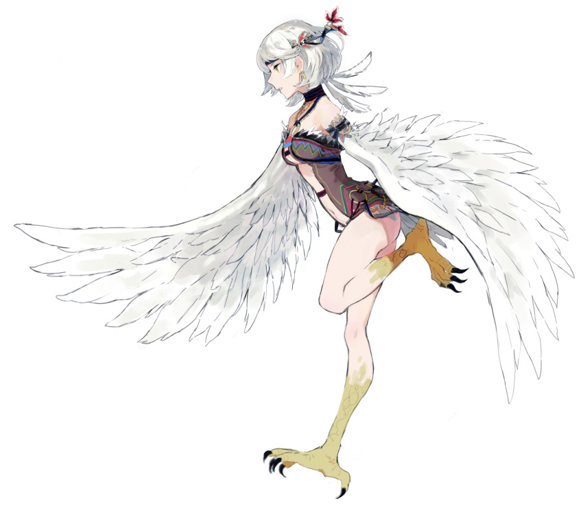 1girl aisutabetao ass bird_wings breasts cleavage earrings hair_ornament harpy highres jewelry monster_girl navel original profile white_feathers white_hair wings yellow_eyes