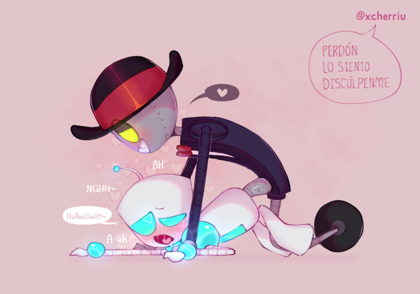 &lt;3 2020 anal anal_penetration blue_eyes blush bodily_fluids bow_tie clothing crossover dialogue drooling duo genitals gir glistening glistening_genitalia glistening_penis grin hat hatbot-ler headgear headwear invader_zim looking_pleasured machine male male/male male_penetrated male_penetrating male_penetrating_male metal_penis metallic_body moan narrowed_eyes nickelodeon open_mouth penetration penis pink_background robot saliva sex sharp_teeth simple_background smile teeth text tongue villainous_(series) xcherriu yellow_eyes