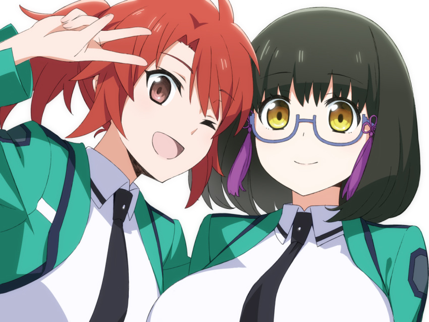 2girls :d black_hair black_neckwear breasts brown_eyes chiba_erika collared_dress commentary_request dress eyebrows_visible_through_hair glasses green_jacket hand_up high_ponytail jacket large_breasts looking_at_viewer mahouka_koukou_no_rettousei medium_hair multiple_girls necktie one_eye_closed open_clothes open_jacket open_mouth portrait red_hair shibata_mizuki simple_background smile sumi_(shibata3gb) v white_background white_dress wing_collar yellow_eyes