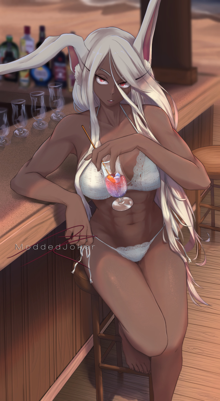 1girl abs absurdres animal_ear_fluff animal_ears bar barefoot beach bikini boku_no_hero_academia breasts bunny_ears cocktail cocktail_glass collarbone commentary cup dark_skin dark_skinned_female drinking_glass drinking_straw english_commentary full_body highres lace-trimmed_bikini lace_trim leaning_on_table long_eyelashes long_hair looking_at_viewer medium_breasts mirko moddedjoker muscular muscular_female navel rabbit_girl red_eyes shiny shiny_skin side-tie_bikini signature silver_hair sitting solo spaghetti_strap stool strap_gap swimsuit thigh_gap toenails toes toned white_bikini