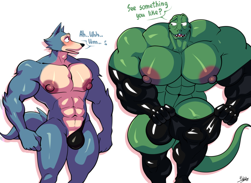 abs age_difference anthro beastars big_bulge big_muscles blush bobthetanuki bulge canid canine canis clothing dialogue duo english_text gloves gosha_(beastars) grandchild grandfather grandfather_and_grandchild grandfather_and_grandson grandparent grandparent_and_grandchild grandson handwear hi_res huge_muscles hyper hyper_muscles incest_(lore) komodo_dragon latex_clothing latex_gloves latex_stockings legoshi_(beastars) lizard male male/male mammal monitor_lizard mostly_nude muscular muscular_male nipples pecs reptile scalie text wolf