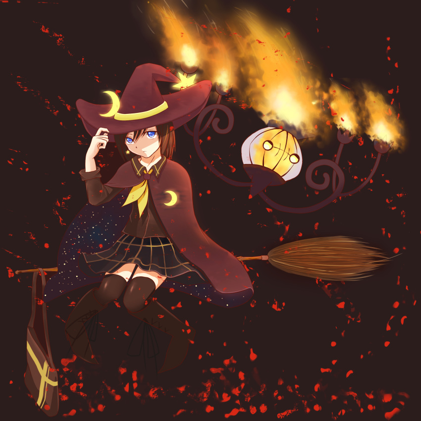 1girl adjusting_clothes adjusting_headwear bangs blue_eyes broom broom_riding brown_hair chandelure cloak crescent crescent_moon_pin fire gen_5_pokemon hair_between_eyes hat highres looking_at_viewer pokemon school_uniform short_hair simple_background skirt smile star_pin thighhighs witch witch_hat yuiisbestsinger