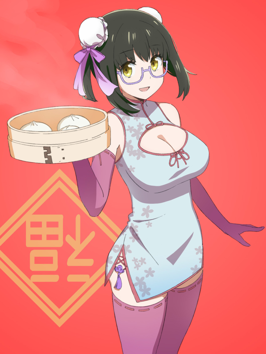 1girl :d alternate_costume alternate_hairstyle bamboo_steamer bangs baozi black_hair breasts bun_cover china_dress chinese_clothes commentary_request cowboy_shot double_bun dress elbow_gloves food glasses gloves hand_up highres holding holding_tray lace-trimmed_gloves lace-trimmed_legwear lace_trim looking_at_viewer mahouka_koukou_no_rettousei medium_hair open_mouth purple-framed_eyewear purple_gloves purple_legwear purple_ribbon red_background ribbon semi-rimless_eyewear shibata_mizuki sleeveless sleeveless_dress smile solo steam sumi_(shibata3gb) thighhighs tray under-rim_eyewear