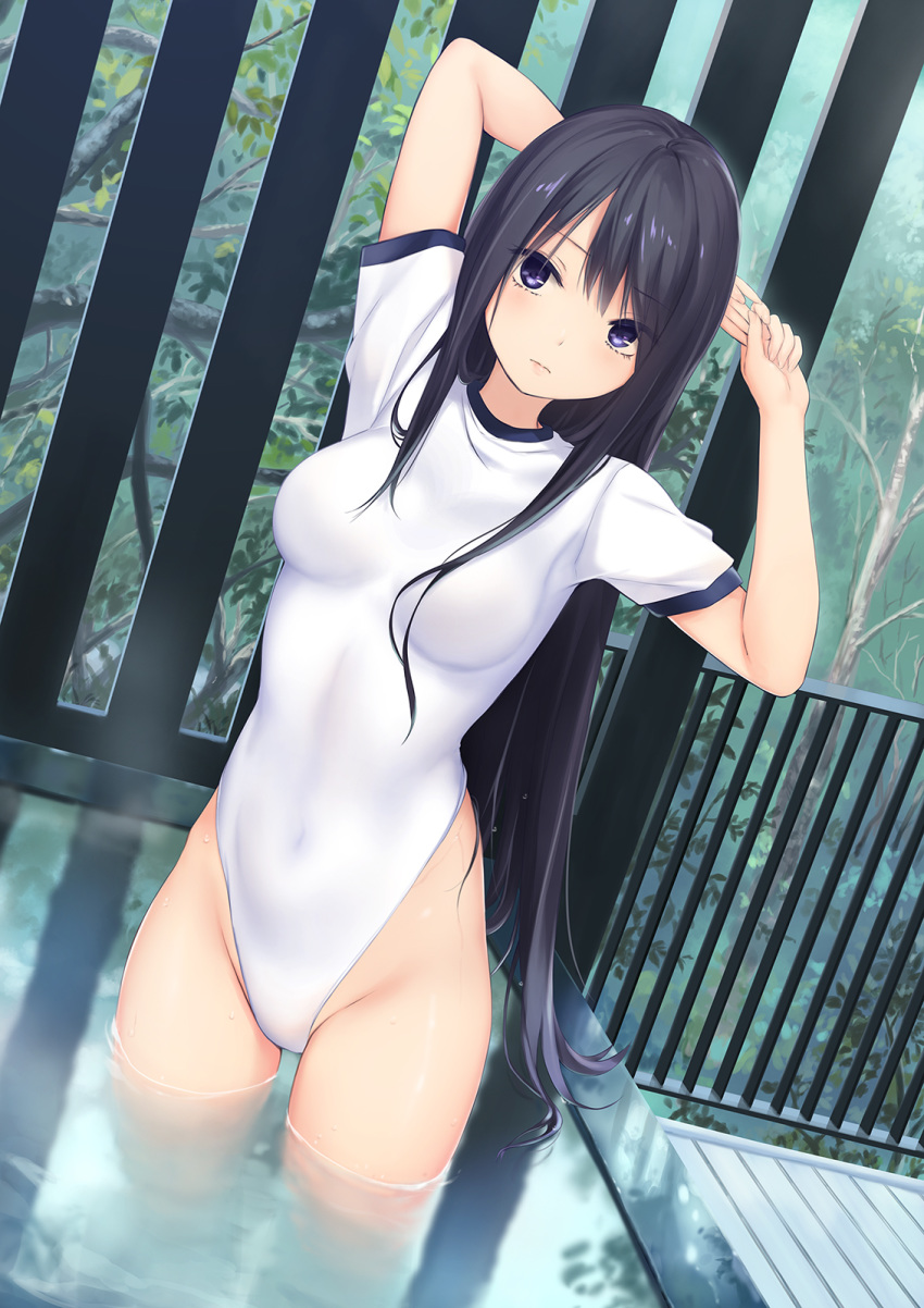 1girl arms_behind_head arms_up balcony bangs bath bathing black_hair blush breasts closed_mouth coffee-kizoku commentary_request cowboy_shot eyebrows_visible_through_hair groin highleg highleg_leotard highres leaf leotard long_hair looking_at_viewer medium_breasts original outdoors purple_eyes shiramine_rika short_sleeves solo standing stretch tree very_long_hair wading water wet