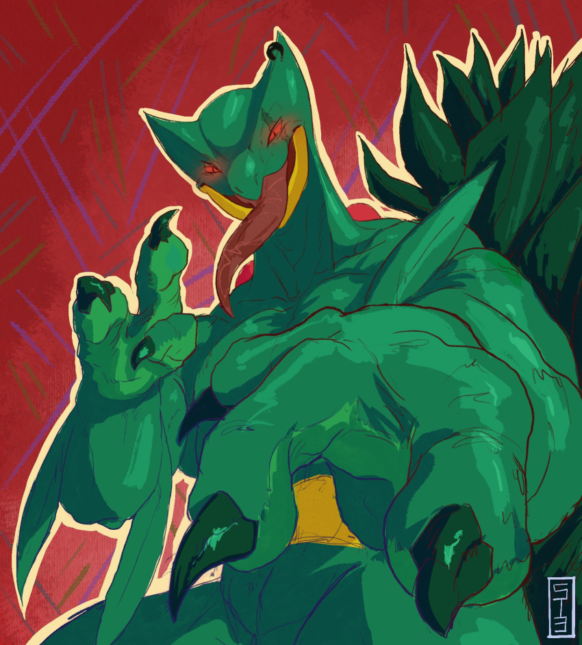 2020 3_fingers anthro digital_media_(artwork) fingers glowing glowing_eyes green_body half-length_portrait hi_res long_tongue looking_at_viewer male nintendo pok&eacute;mon pok&eacute;mon_(species) portrait pupils red_background red_sclera sceptile signature simple_background slit_pupils solo st3ph3n tongue tongue_out vex_(44vex) video_games