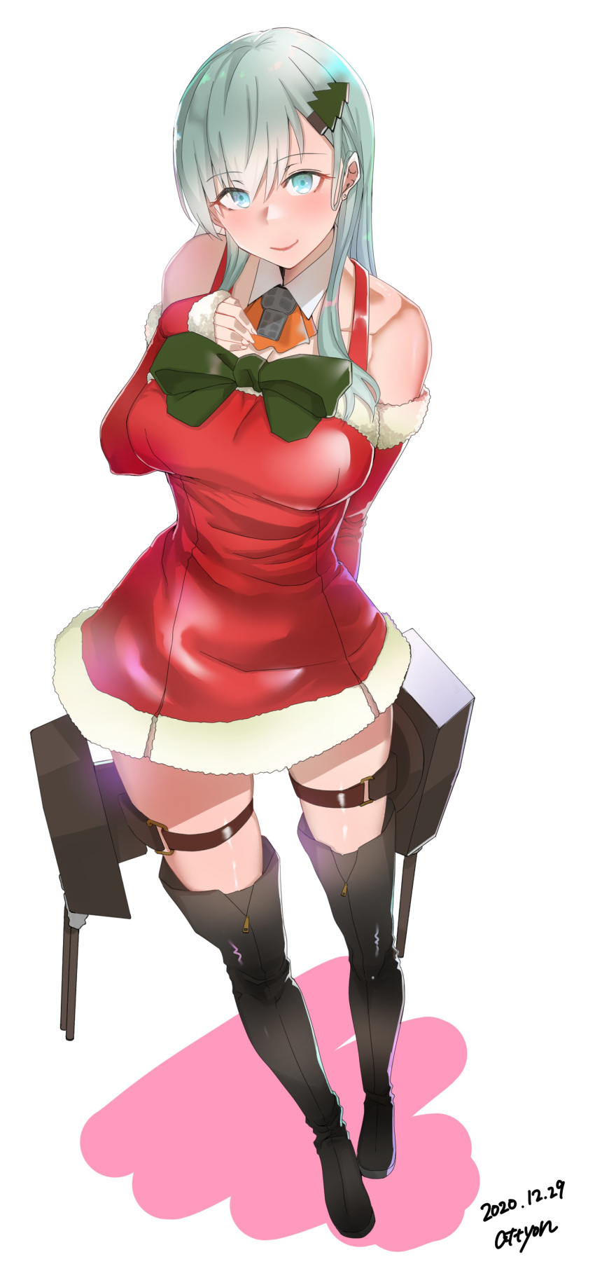 1girl absurdres aqua_eyes aqua_hair attyon bangs black_footwear blush boots bow bowtie breasts christmas_tree_hair_ornament detached_sleeves dress eyebrows_visible_through_hair from_above fur_trim green_neckwear hair_ornament hand_on_own_chest highres kantai_collection large_breasts long_hair red_dress rigging santa_costume simple_background smile solo standing suzuya_(kantai_collection) thigh_boots thigh_strap thighhighs two-tone_background