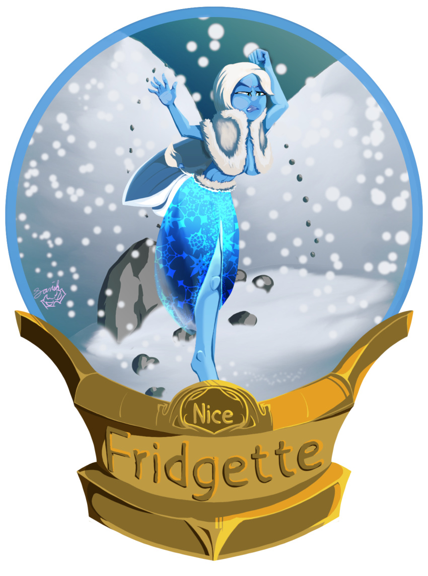 alpha_channel barefoot blue_body blue_clothing blue_skin border cloak clothing dress female hair hi_res humanoid on_glass rock snow snow_globe solo transparent_border trapped unknown_artist white_hair winter winter_clothing