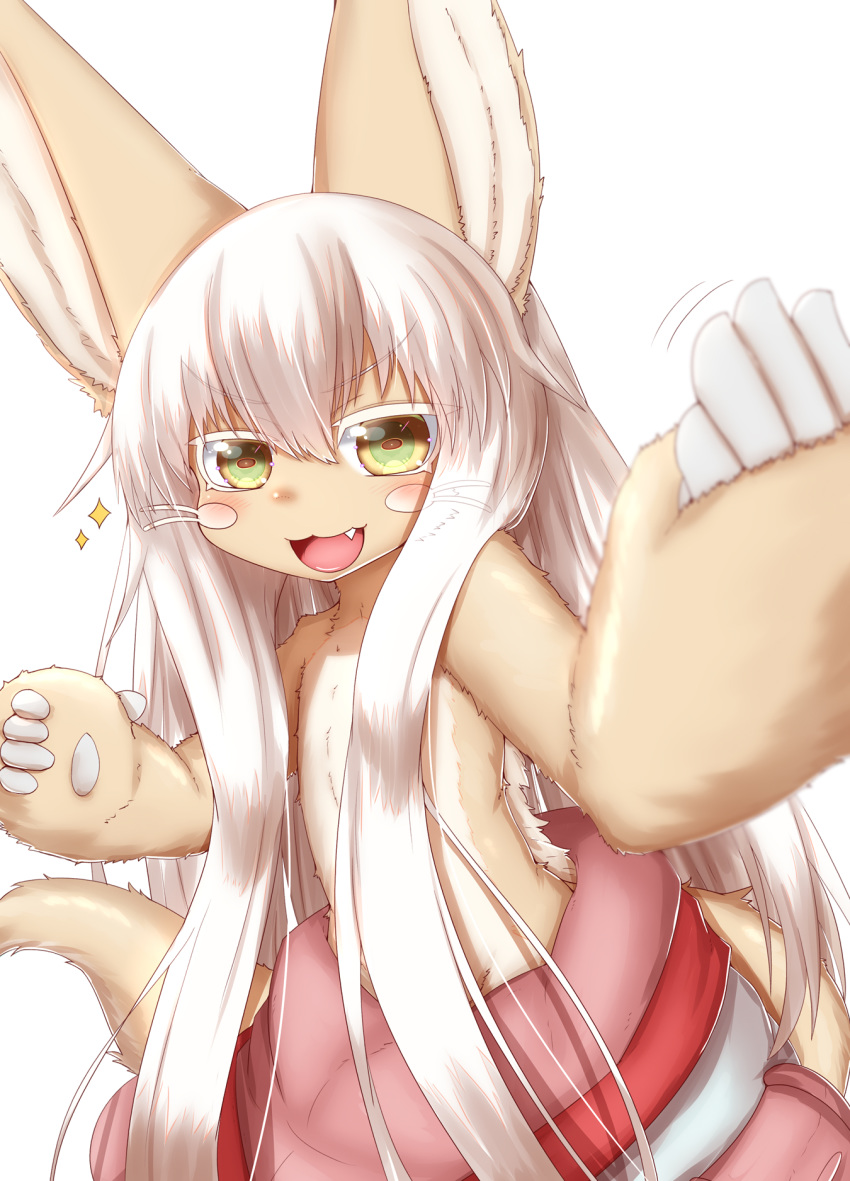 2020 5_fingers anthro blush bottomwear clothed clothing cute_fangs featureless_chest female fingers flat_chested fluffy fur gesture glistening glistening_hair green_eyes hair hi_res horizontal_pupils horokusa0519 kemono lagomorph long_hair looking_at_viewer made_in_abyss mammal multicolored_body multicolored_fur nanachi narehate open_mouth pants portrait pupils simple_background solo tan_body tan_fur three-quarter_portrait tongue topless translucent translucent_hair whiskers white_background white_body white_fur white_hair