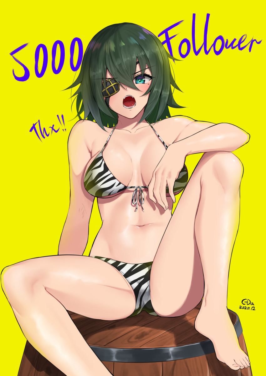 1girl animal_print bangs barefoot barrel bikini blue_eyes breasts c-da dated eyebrows_visible_through_hair eyepatch green_hair hair_between_eyes highres kantai_collection kiso_(kantai_collection) large_breasts milestone_celebration open_mouth short_hair signature sitting solo swimsuit zebra_print