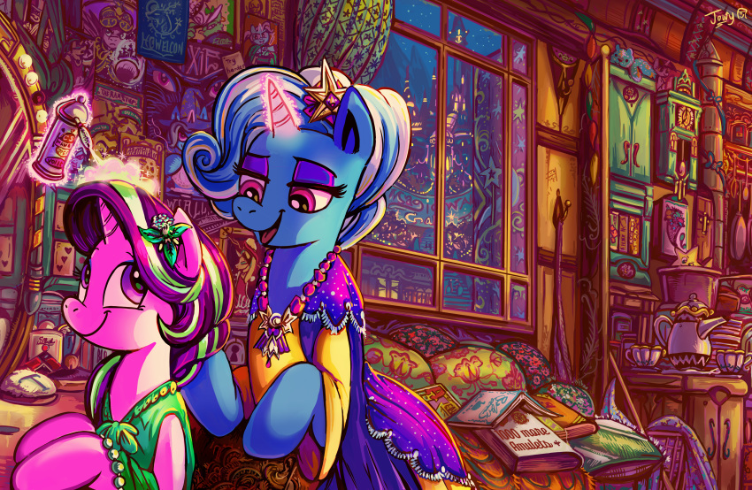 absurd_res accessory can clothing cup detailed_background dress duo equid equine eyeshadow female flower flower_in_hair friendship_is_magic hair hair_accessory hairspray hasbro hi_res horn inside jewelry jowybean makeup mammal my_little_pony necklace plant purple_eyes purple_eyeshadow starlight_glimmer_(mlp) tea_cup teapot trixie_(mlp) unicorn window