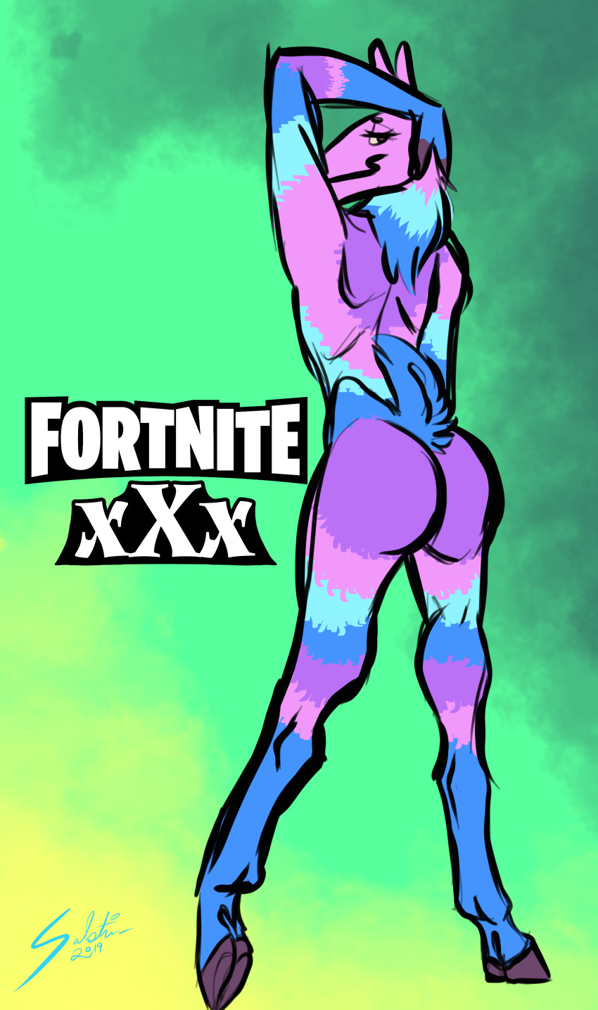 absurd_res anthro arm_down butt camelid cloven_hooves epic_games fluffy fluffy_tail fortnite fortnite_llama girly hand_behind_head hi_res hooves llama long_ears looking_at_viewer looking_back looking_back_at_viewer male mammal monsters_and_mutants neck_tuft presenting presenting_hindquarters raised_arm short_tail sketchy slim solo standing tuft video_games