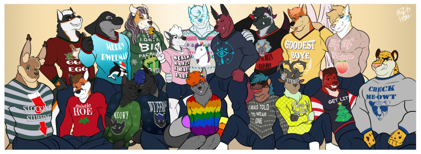 2020 absurd_res anthro antlers arrow_pointing_to_crotch bell bell_collar big_bulge black_body black_fur blep blizzhusky15 blue_bottomwear blue_clothing blue_eyes blue_hair blue_markings bottomwear braided_beard brown_body brown_fur brown_hair brown_mane bulge canid canine canis cervid cetacean cheetah christmas clothing collar crossed_arms demon directional_arrow ear_piercing ear_ring english_text eyes_closed facial_piercing felid feline food fox fruit fur gradient_background green_eyes group hair hi_res holidays horn lagomorph large_group laugh leporid lgbt_pride licking licking_lips licking_own_lips lion long_sleeves looking_at_viewer lutrine male mammal mane marine markings muscular muscular_anthro muscular_male mustelid nose_piercing nose_ring orange_body orange_fur pantherine peach_(fruit) piercing plant pride_colors purple_eyes rabbit red_body red_eyes self_lick simple_background sweater text tongue tongue_out topwear white_body white_fur wolf yellow_sclera
