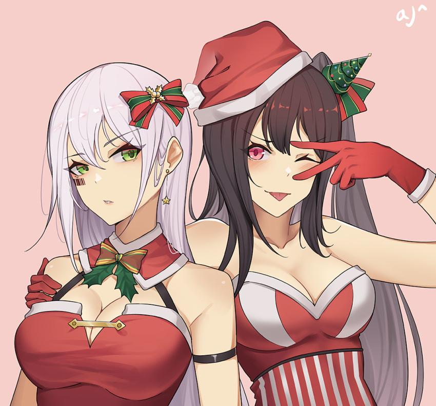 2girls ;p architect_(girls_frontline) ark_john_up barcode_tattoo black_hair bow breasts christmas christmas_tree_hair_ornament cleavage earrings eyebrows_visible_through_hair gager_(girls_frontline) girls_frontline gloves green_eyes hair_ornament hand_on_another's_shoulder hat jewelry long_hair multiple_girls one_eye_closed one_side_up open_mouth purple_eyes santa_costume santa_gloves santa_hat star_(symbol) star_earrings striped striped_bow tattoo tongue tongue_out upper_body v_over_eye white_hair
