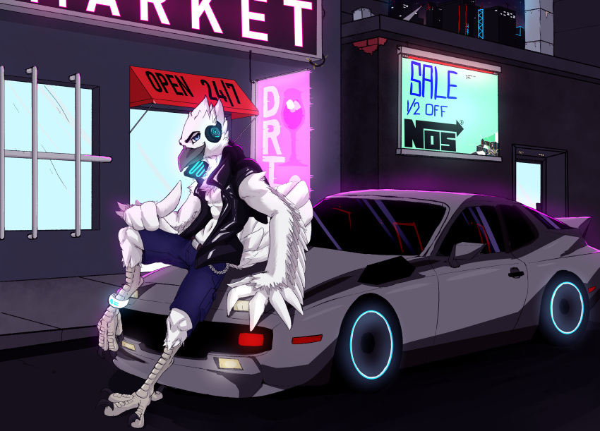 4_toes absurd_res anisodactyl anthro avian bird bird_feet building car city clothing cyberpunk father_hill feathers headphones hi_res jacket leather leather_clothing leather_jacket leather_topwear male neon neon_lights sign solo tail_feathers toes topwear vehicle white_body white_feathers