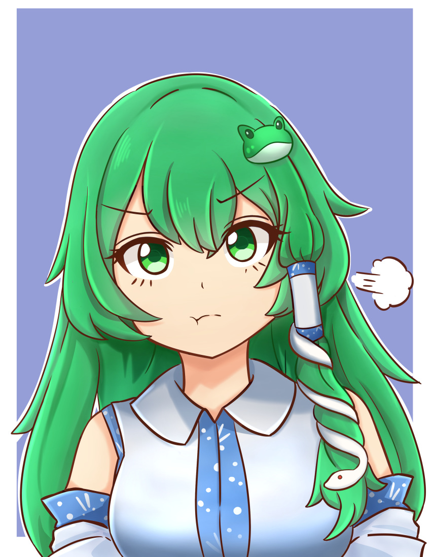 1girl :t absurdres bangs bare_shoulders blue_background border breasts collared_shirt cyczen detached_sleeves eyebrows_visible_through_hair frog_hair_ornament green_eyes green_hair hair_between_eyes hair_ornament hair_tubes highres kochiya_sanae large_breasts long_hair looking_at_viewer outline outside_border pout shirt sidelocks simple_background snake_hair_ornament solo touhou upper_body v-shaped_eyebrows white_border white_outline white_shirt wool_(miwol)_(style)