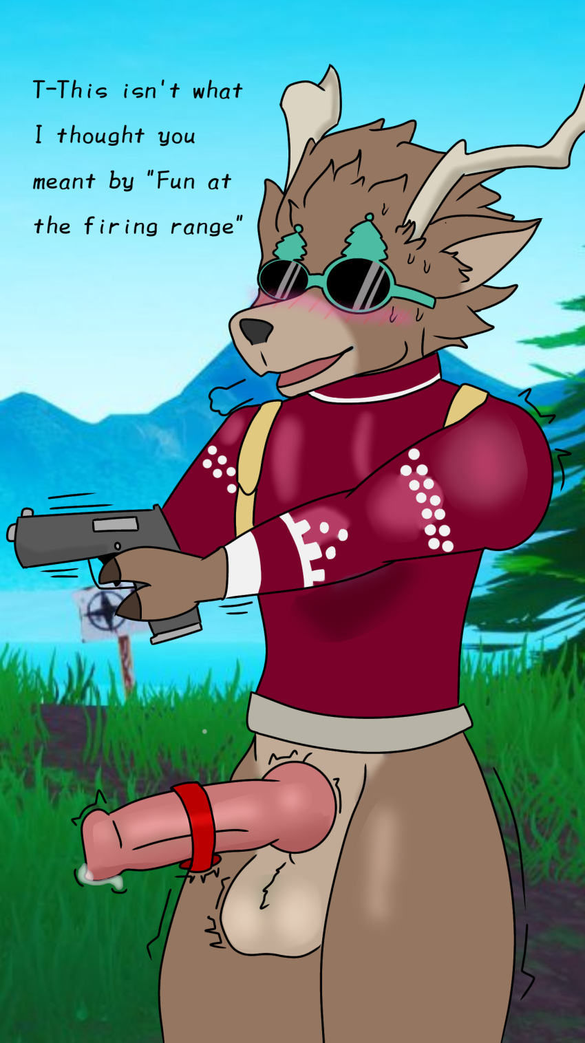 absurd_res anthro antlers balls blush bodily_fluids brown_body brown_fur capreoline cervid clothing dolph_(fortnite) egg_vibrator english_text epic_games eyewear fortnite fur genital_fluids genitals gun hi_res holding_gun holding_object holding_weapon horn knot male mammal maxw14 nervous_smile nervous_sweat penile penis precum ranged_weapon reindeer sex_toy shaking solo sunglasses sweater text thick_thighs topwear vibrator vibrator_on_penis video_games weapon