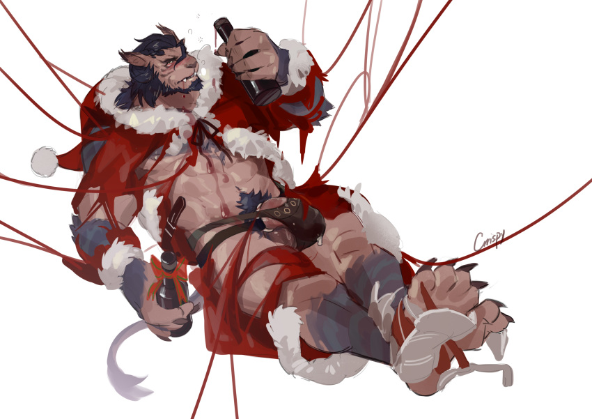 2020 abs absurd_res accessory alcohol anthro balls beard beverage biceps black_hair blush bodily_fluids bottle brown_body brown_fur christmas christmas_clothing christmas_headwear claws clothed clothing cock_ring costume crrispy_shark drinking drunk drunk_bubbles facial_hair fangs feet felid final_fantasy final_fantasy_xiv finger_claws fur genital_fluids genitals hair hat headgear headwear hi_res holding_bottle holding_object holidays hrothgar jewelry magnus_(ffxiv) male mammal muscular muscular_anthro muscular_male open_mouth penis penis_accessory penis_jewelry precum precum_drip precum_through_clothing pubes quads reclining santa_costume santa_hat santa_suit sharp_teeth simple_background skimpy solo spilled_drink square_enix substance_intoxication teeth toe_claws torn_clothing triceps underwear video_games wardrobe_malfunction wet wet_clothing white_background