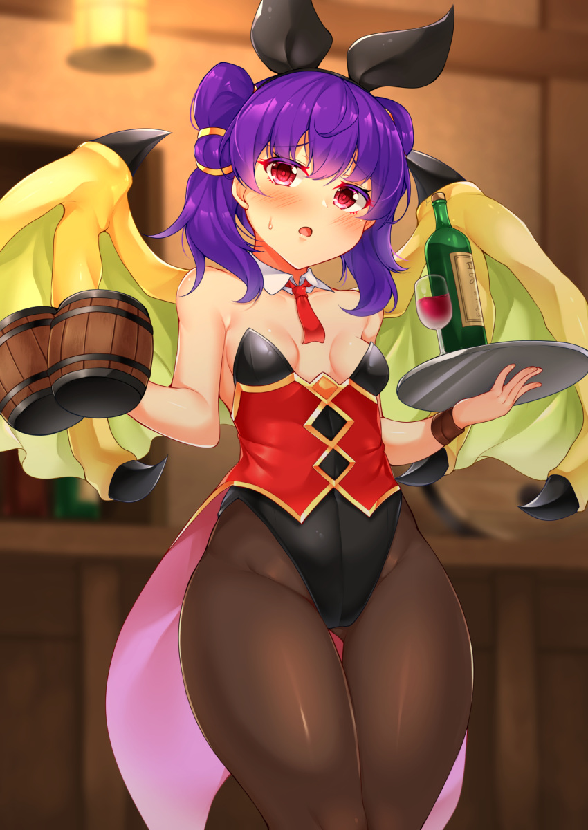 1girl alcohol alternate_costume black_leotard black_ribbon blush bottle breasts brown_legwear cup detached_collar dragon_girl dragon_wings drinking_glass fire_emblem fire_emblem:_the_sacred_stones green_wings hair_ribbon highres indoors leotard long_hair looking_at_viewer manakete mug multi-tied_hair myrrh_(fire_emblem) open_mouth pantyhose playboy_bunny purple_hair red_eyes red_neckwear ribbon small_breasts solo thigh_gap tokoya_(ex-hetare) touhou tray twintails wine wings wristband