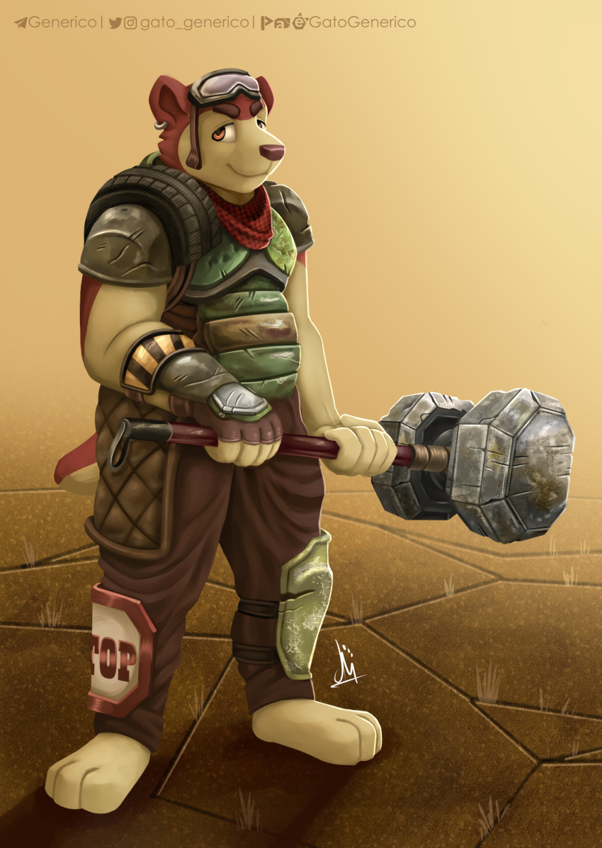 anthro armor belly clothed clothing eyewear fully_clothed fur gatogenerico goggles hammer hi_res looking_at_viewer male mammal melee_weapon outside simple_background sledgehammer smile solo standing terry_(shai_dreamcast) tools ursid wasteland weapon