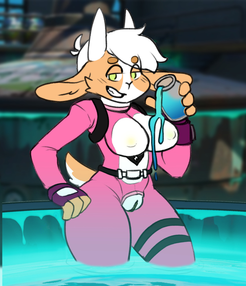 anthro bovid breasts caprine clothed clothing epic_games female forrest_(chump) fortnite genitals goat hair hi_res looking_pleasured mammal nipple_outline pouring_on_breasts pouring_onto_self pussy reddrago slurp_juice smug solo video_games