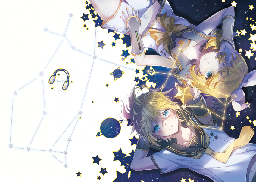 arm_behind_head arm_warmers bangs bare_shoulders black_collar blonde_hair blue_eyes bow brother_and_sister chinese_commentary collar collarbone commentary_request constellation covering_one_eye crop_top foreshortening fortissimo gemini gemini_(vocaloid) hahahamu hair_bow hair_ornament hairclip highres holding holding_star kagamine_len kagamine_len_(vocaloid4) kagamine_rin kagamine_rin_(vocaloid4) looking_at_viewer lying midriff miniskirt nail_polish navel neckerchief necktie on_back planet sailor_collar school_uniform shirt short_hair short_sleeves siblings silhouette skirt sky smile spiked_hair star_(sky) star_(symbol) starry_sky swept_bangs twins v4x vocaloid white_bow white_shirt white_skirt yellow_nails yellow_neckwear