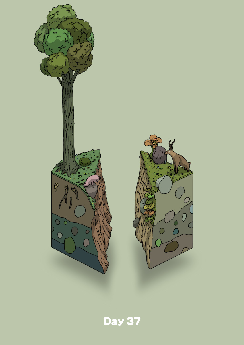 absurdres all_fours boulder canyon commentary_request deer diorama flower gozz green_background highres isometric looking_down original tree