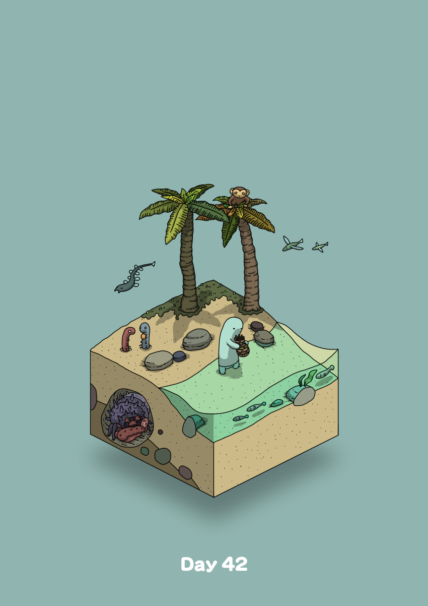 absurdres animal basket beach blue_background bug commentary_request diorama fish gozz hermit_crab highres holding holding_basket in_tree insect isometric monkey original palm_tree standing standing_on_liquid tree