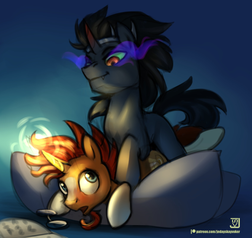 2019 black_body black_fur black_mane black_tail blue_background blue_eyes book cutie_mark duo english_text equid equine eyewear feral friendship_is_magic from_behind_position fur glasses glowing glowing_horn green_eyes green_sclera hasbro hi_res horn jedayskayvoker king_sombra_(mlp) male male/male mammal mane mounting my_little_pony open_mouth orange_beard orange_body orange_fur orange_mane orange_tail pillow red_eyes sex signature simple_background sunburst_(mlp) text unicorn url