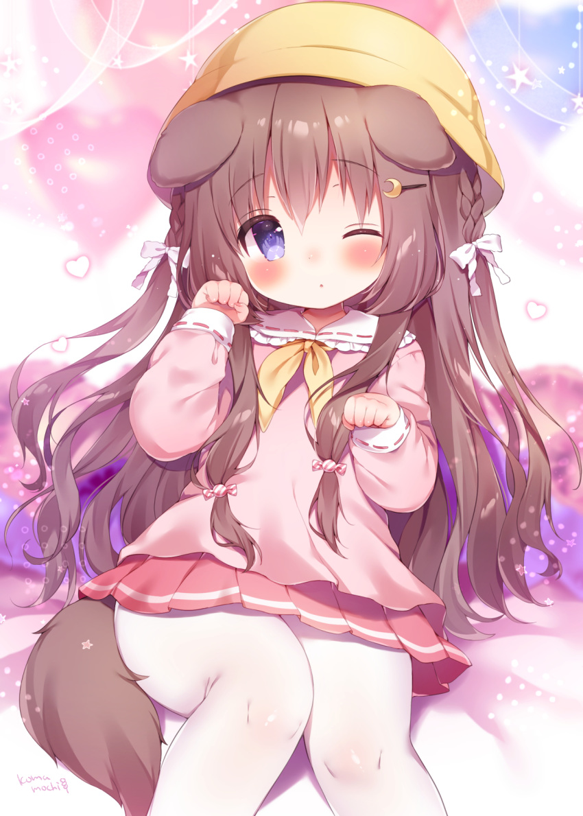 1girl animal_ears arms_up azur_lane blue_eyes blush braid brown_hair child clenched_hands commentary_request commission commissioner_upload crescent crescent_hair_ornament dog_ears dog_girl dog_tail fumizuki_(azur_lane) hair_ornament hairclip hat highres kindergarten_uniform long_hair momozu_komamochi one_eye_closed pantyhose paw_pose pink_shirt pink_skirt pixiv_request ribbon school_hat school_uniform serafuku shirt sitting skirt solo tail white_legwear yellow_headwear
