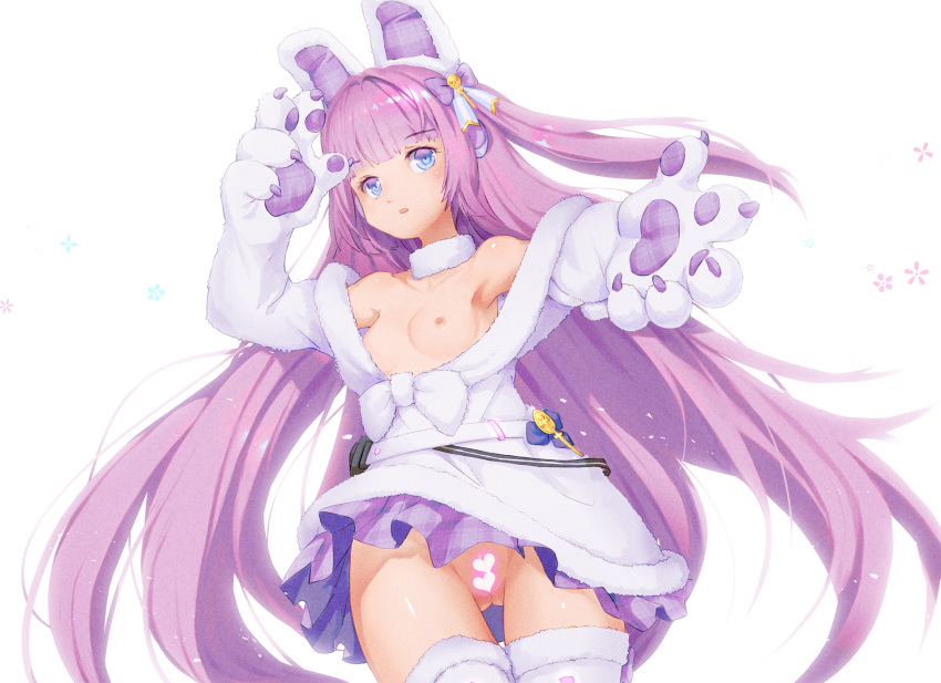 1girl animal_ears areolae armpits azur_lane bangs bare_shoulders belt blue_eyes bluesnail bottomless bow breasts cat_paws censored cleavage coat commentary cowboy_shot eyebrows_visible_through_hair fake_animal_ears fur-trimmed_legwear fur_trim gloves hair_bow hairband heart heart_censor highres labia long_hair naked_coat nipples open_clothes open_coat open_mouth paws plaid plaid_skirt pleated_skirt purple_bow purple_hair sidelocks simple_background skirt small_breasts solo standing tashkent_(azur_lane) thighhighs underwear very_long_hair white_background white_coat